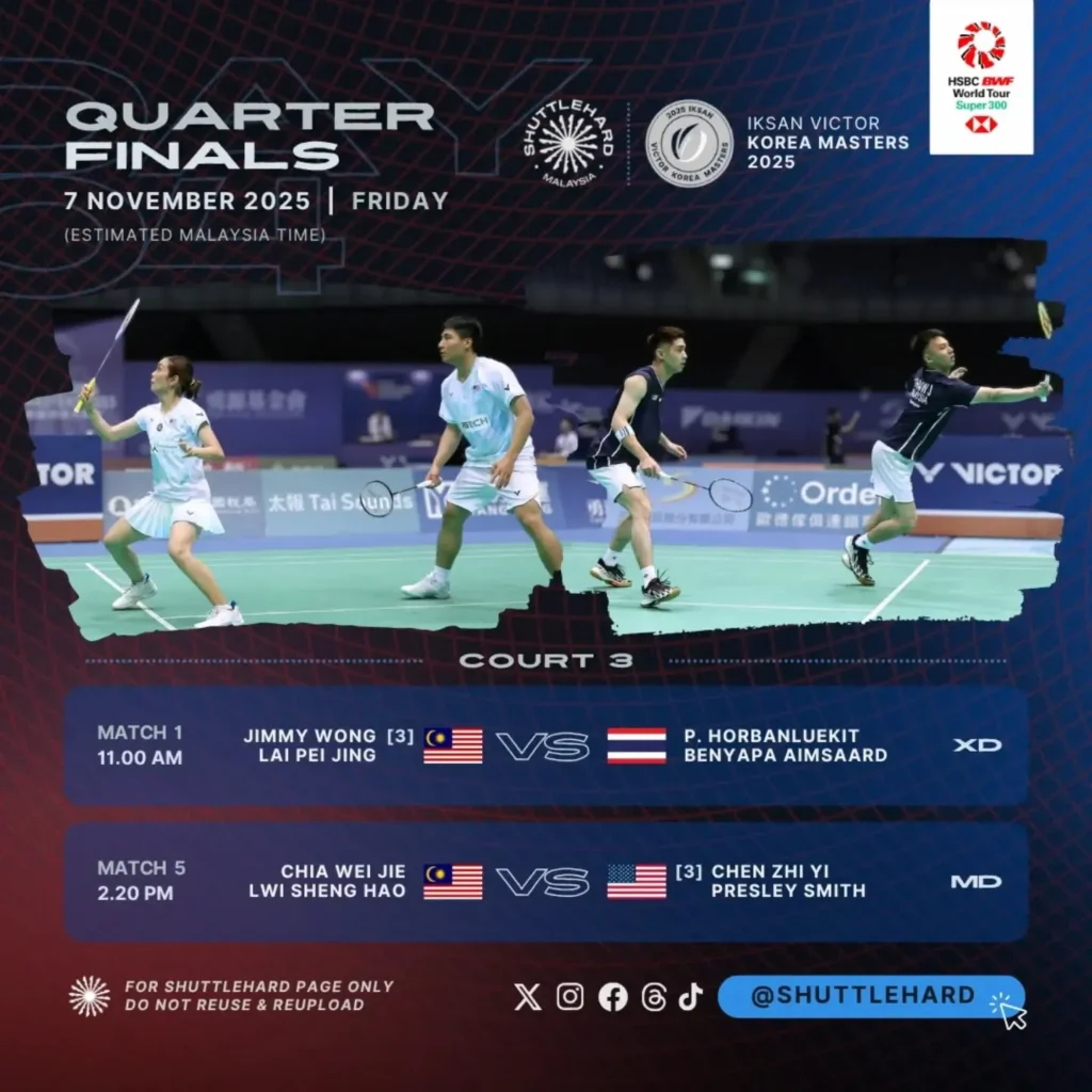 Korea Masters BWF Jadual Perlawanan Pusingan Suku Akhir 7 Nov 2025