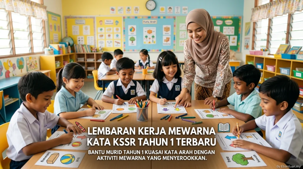 Lembaran Kerja Mewarna Kata Arah KSSR Tahun 1 Terbaru